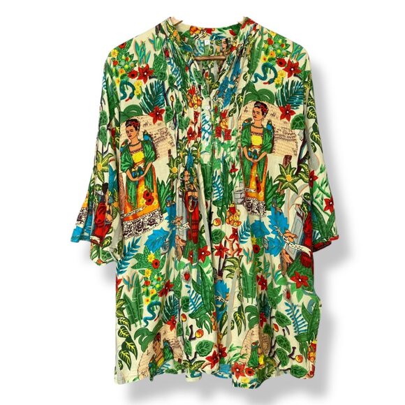 Frida Kahlo Blouse Tunic Top Pintuck Detail Women XL Colorful 3/4 Length Sleeves - Picture 1 of 14